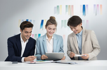 Fototapeta premium White-collar office employees, both men and women, engage in a focused workshop, diligently discussing the year's plan with color-coded identification papers on the table. Generative AI.