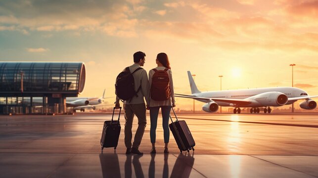 Happy Young Couple With Luggage At The Airport