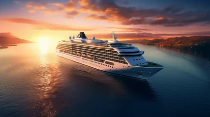 Fototapeten Luxury cruise ship sailing to port on sunrise  © Esha