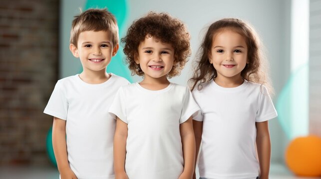 Little two boys and girl wearing white t-shirts standing in front of colorful background, blank shirts with no print, 3 years old smiling toddlers, photo for apparel mock-up