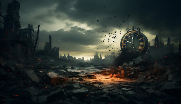 A striking clock amidst ruins symbolises the urgent countdown of time on Earth.