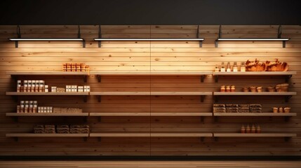 Realistic wooden store shelves with wall mount and lighting, spotlights. Empty product shelf, grocery wall rack. Mall and supermarket furniture, bookshelf. Interior design. 