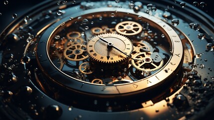 Fototapeta premium Interlocking gears of a timepiece and water ripples, each attuned to the rhythms of existence.