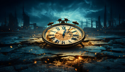 A striking clock amidst ruins symbolises the urgent countdown of time on Earth.