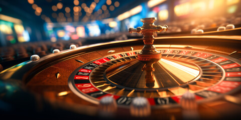 Casino roulette wheel in motion, Banner colorful background