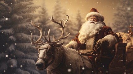 Santa on a sleigh with reindeer rides through the winter forest. New Year's card. Christmas atmosphere.  - obrazy, fototapety, plakaty