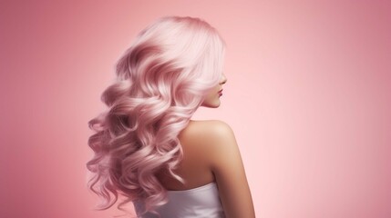 trendy women's hair styling blonde large curls. girl in profile with professional hair styling, back view. Pink shades 