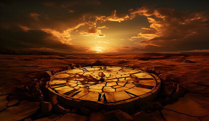 A cracked clock amidst ruins symbolises the urgent countdown of time on Earth.