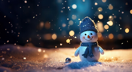 Christmas winter background with snowman and blurred bokeh. Merry christmas and happy new year greeting card with space for text.