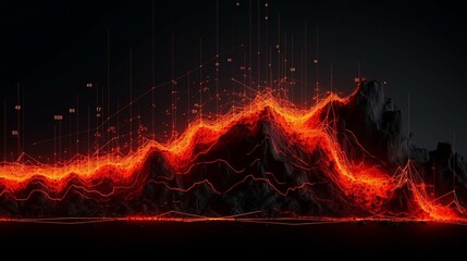 Lava flows and financial line graphs in harmonious alignment, illustrating different kinds of dynamic movements.