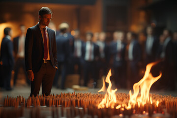 Man in business suit with burnout head on work place in office. Concept of mental shock overload,...