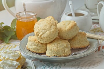 Close-up of scones piled up on a plate