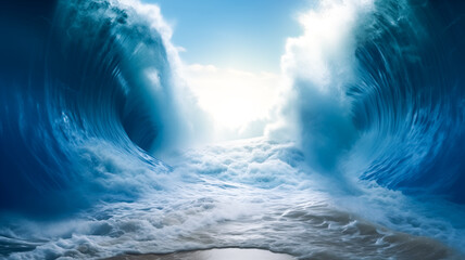 Ocean separate up to form canal. Bible miracle of Moses parting red sea for passage