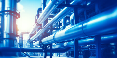 Fototapeta premium Industrial pipeline, oil and gas factory, blue color banner with sun ligh