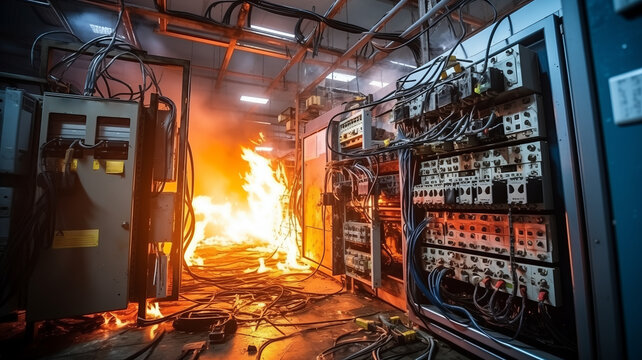 Industrial Electrical panel on fire, short circuit and junction cable box fire in house appartment or factory