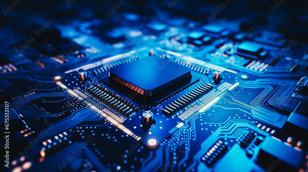Poster close-up view of modern chip gpu card with circuit blue neon lights. concept cpu microchip for ai an