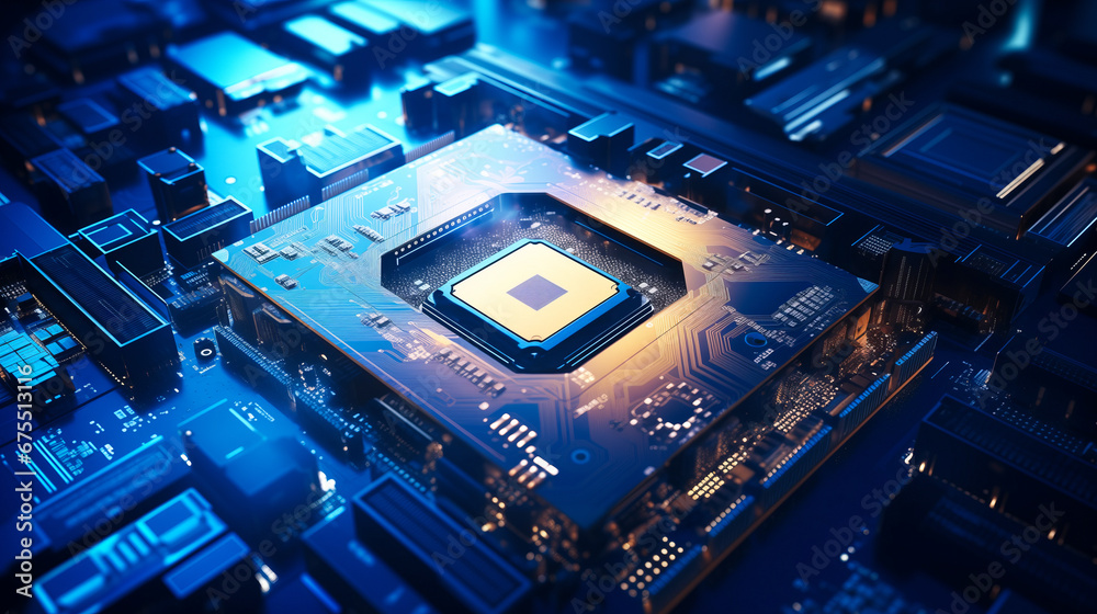 Poster close-up view of modern chip gpu card with circuit blue neon lights. concept cpu microchip for ai an