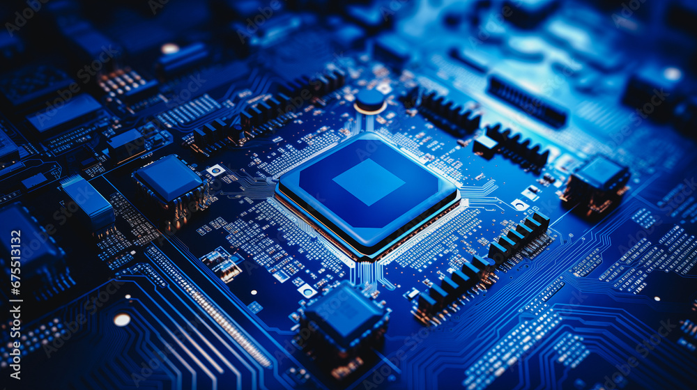Poster concept cpu microchip for ai and data network. close-up view of modern chip gpu card with circuit bl