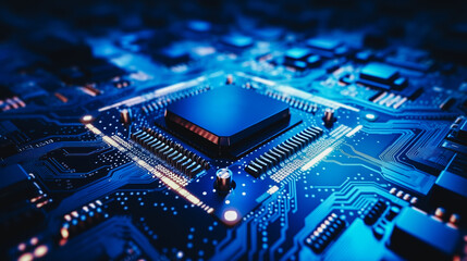 Fototapeta premium Close-up view of modern chip gpu card with circuit blue neon lights. Concept CPU microchip for ai and data network