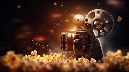 cinema tape, popcorn box and film projector on the dark background - obrazy, fototapety, plakaty