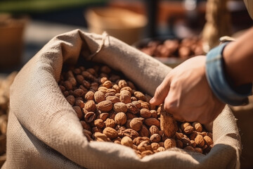 Hands with walnuts in burlap sack on wooden surface. Sack full of nuts prepared for easy snack bag. Consuming local commerce in small businesses and cooperatives that produce organic foods.