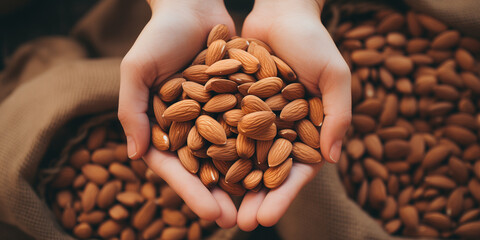 Hands with almonds. Sack full of nuts prepared for easy snack bag. Consuming local commerce in small businesses and cooperatives that produce organic foods. - obrazy, fototapety, plakaty