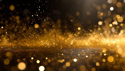 Digital gold color particles flow with dust and bokeh background - obrazy, fototapety, plakaty