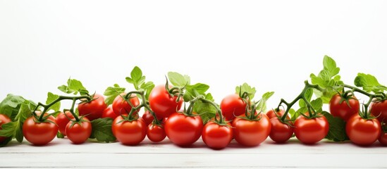 In the background of the isolated white room a vibrant green leafy plant adorned with red ripe tomatoes adds a pop of color and health inducing nutrition This healthy vegetable is a natural