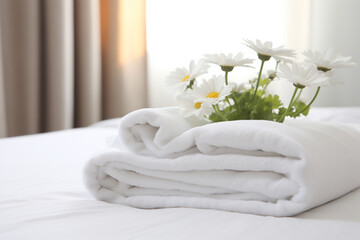 The close up detail of a neatly flooded white bath towel placed on a bed near the flower vase in a hotel room. Generative AI.