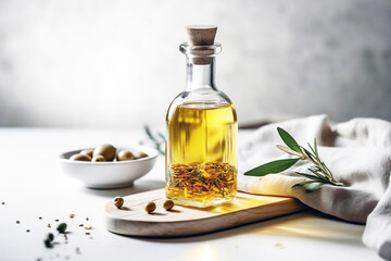 Obraz na płótnie Canvas Olive oil on white table product photography, Generative AI