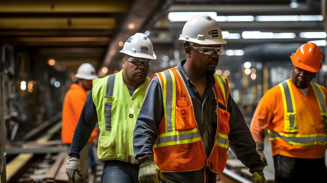 Industrial workers in safety vests and hard hats collaborating on a project