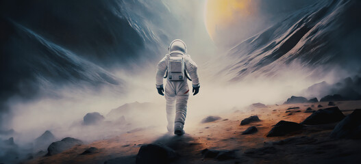 illustrazione di astronauta nella tuta spaziale che cammina in una valle satura di nebbie e vapori, grande pianeta all'orizzonte - obrazy, fototapety, plakaty