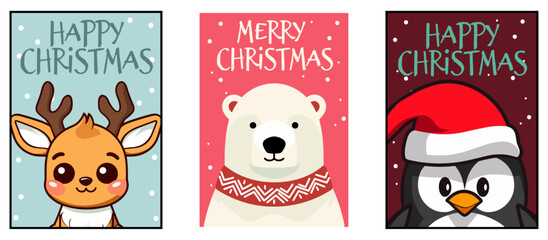 Reindeer, Penguin, and Polar Bear: A Set Collection of Vector Winter Animals for Merry Christmas Greeting Cards and Posters
