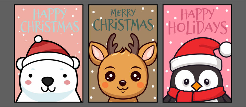 Merry Christmas Greeting Cards with Reindeer, Penguin, and Polar Bear: A Vector Winter Animals Set Collection