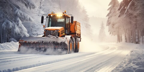 Snowplow removing snow from a road during a winter blizzard or snowstorm. Concept of traffic in blizzard and snow removal. Shallow field of view. - obrazy, fototapety, plakaty