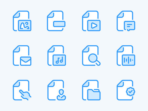 Document Type and File Format vector line icons. Library Settings and Catalog Configurations outline icon set. Image, Video, Mail, Profile, Folder, Audio, Message, Search and more.