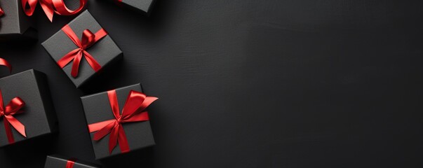Black Friday. Top view of black christmas boxes with red ribbon on black and white paper background with copy space for text