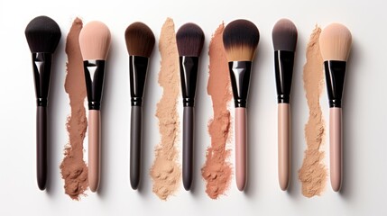Liquid foundations, makeup brush, swatches and face powder on white background. 