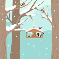 Winter feeder for birds in forest or park. Cartoon feeder hang on tree branch. Seasonal bird eating seeds and berries, nowaday vector nature background - obrazy, fototapety, plakaty