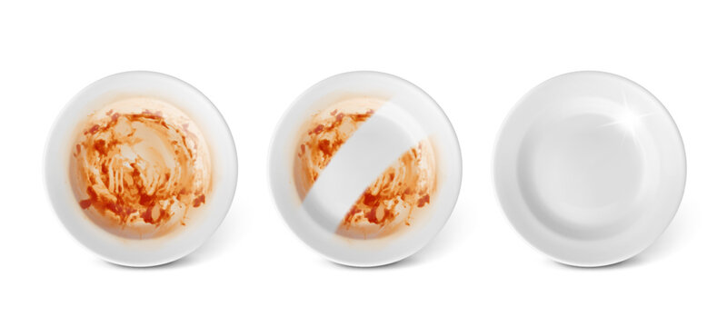 Realistic clean and dirty white plate. Wash dish process, cleaning plates after food. Washing product ads elements, before and after pithy vector concept