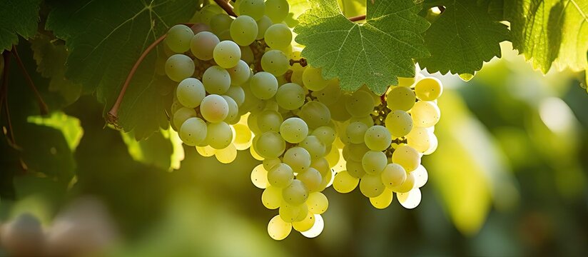 In the lush green garden amidst the vibrant foliage a white grape vineyard thrived showcasing the healthy growth of nature s finest fruit embraced by the beauty of bokeh filled leaves and pr
