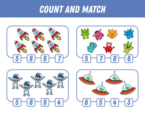 Education game for children count and match of space elements, cute cartoon monsters, ufo, astronauts and rocket printable worksheet. Vector