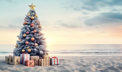 Christmas tree and gifts on the sandy beach, Summer Xmas vacations on a tropical island, x-mas...