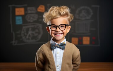 Portrait of little boy dressed as senior teacher in front of blackboard