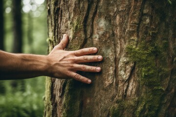 Hand of a man in the forest touching a tree bark
