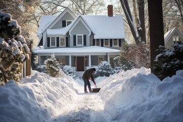 Man shoveling snow from his driveway with a shovel - obrazy, fototapety, plakaty