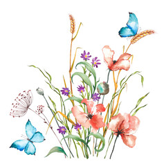 Wild flowers arrangement. Watercolor illustration isolated on white background.