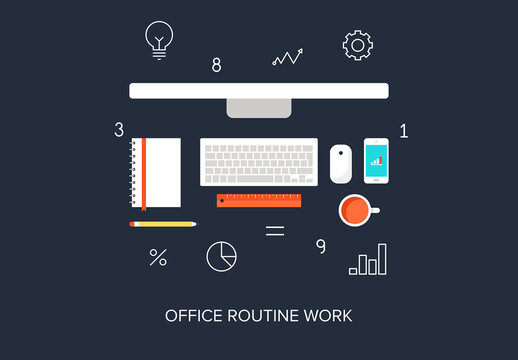 Vector illustration of flat and colorful office routine work concept. Design elements for web and mobile applications.
