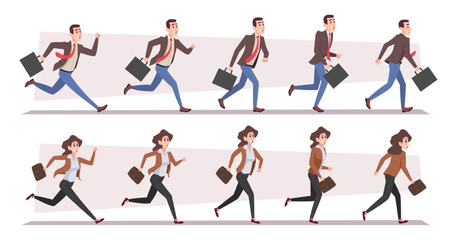 Fototapeta na wymiar Businessman in action. Active hurry people running with suitcases exact vector male and female characters