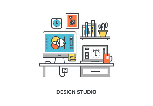 Vector illustration of design studio flat line design concept.